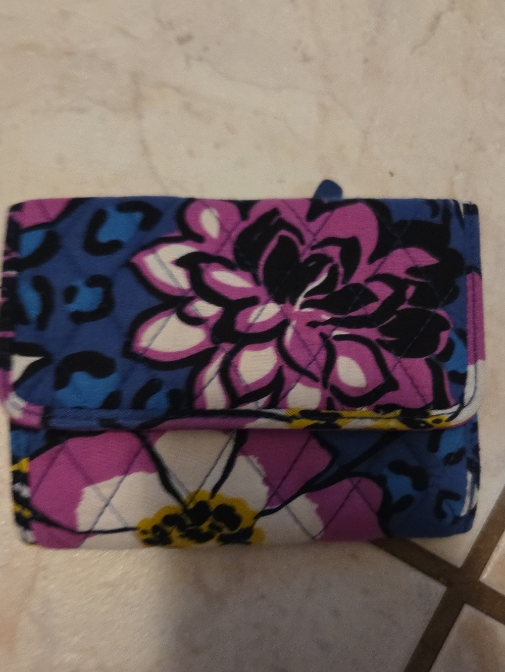 Vera Bradley Quilted Floral Trifold Wallet - Blue, Purple & Yellow NWOT